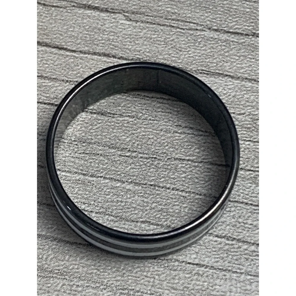 Black Band Ring with Double White Enamel Stripes Size 10.25 Modern Minimalist
